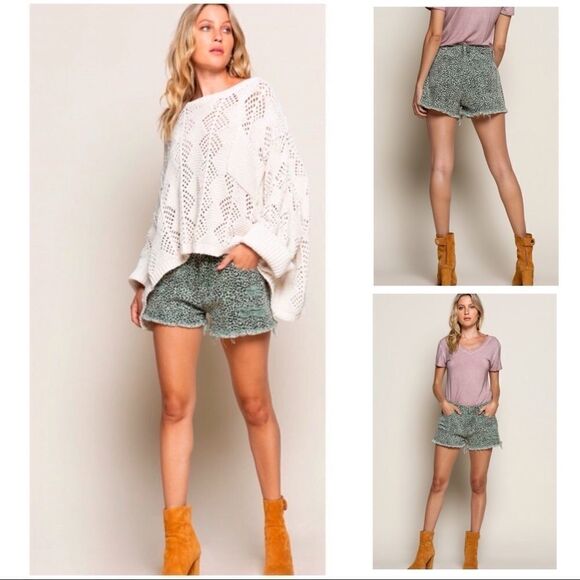 pol Leopard Distressed Denim Shorts In Olive - Picture 1 of 11